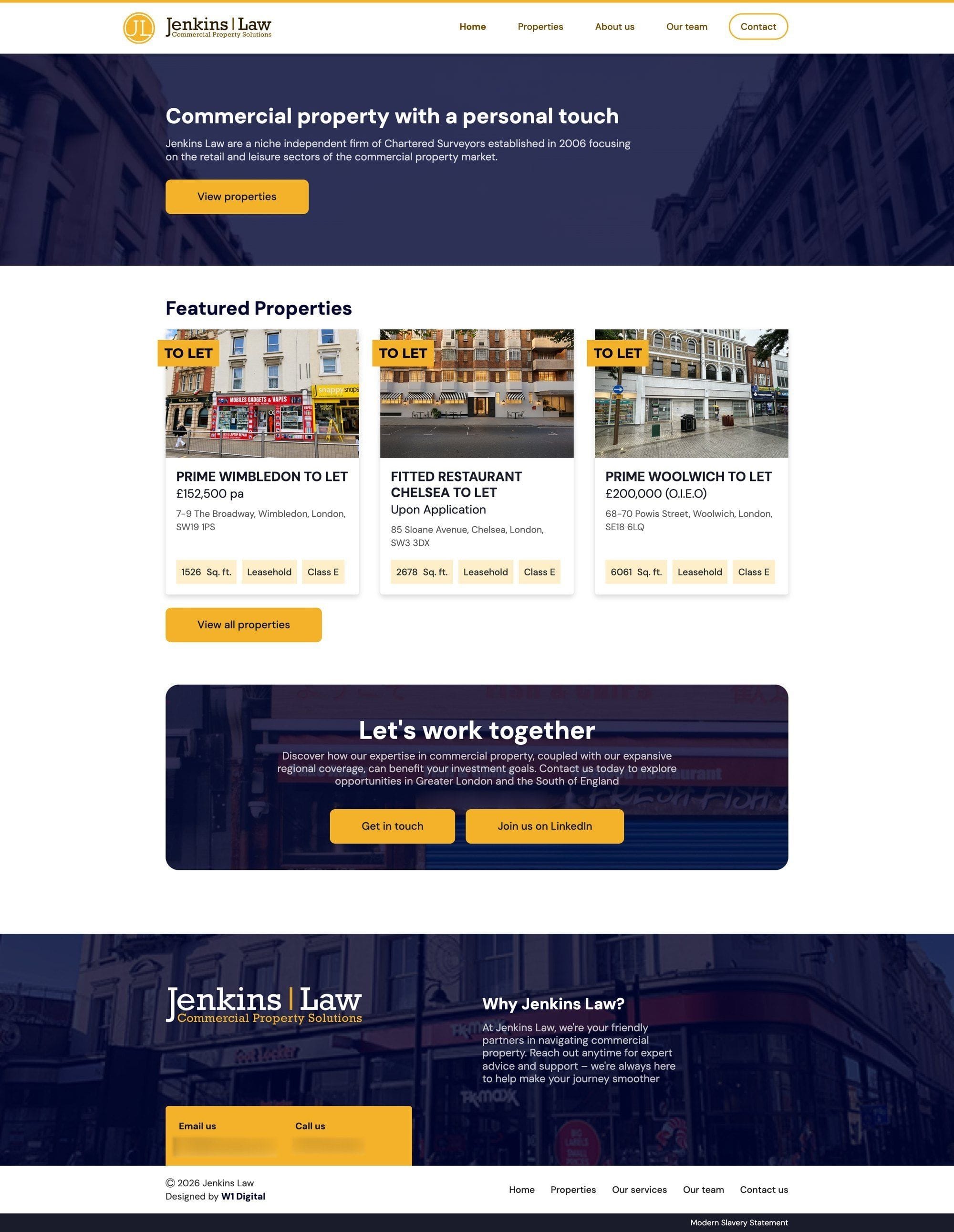The Jenkins Law website, scrolling from the home page through featured units to let