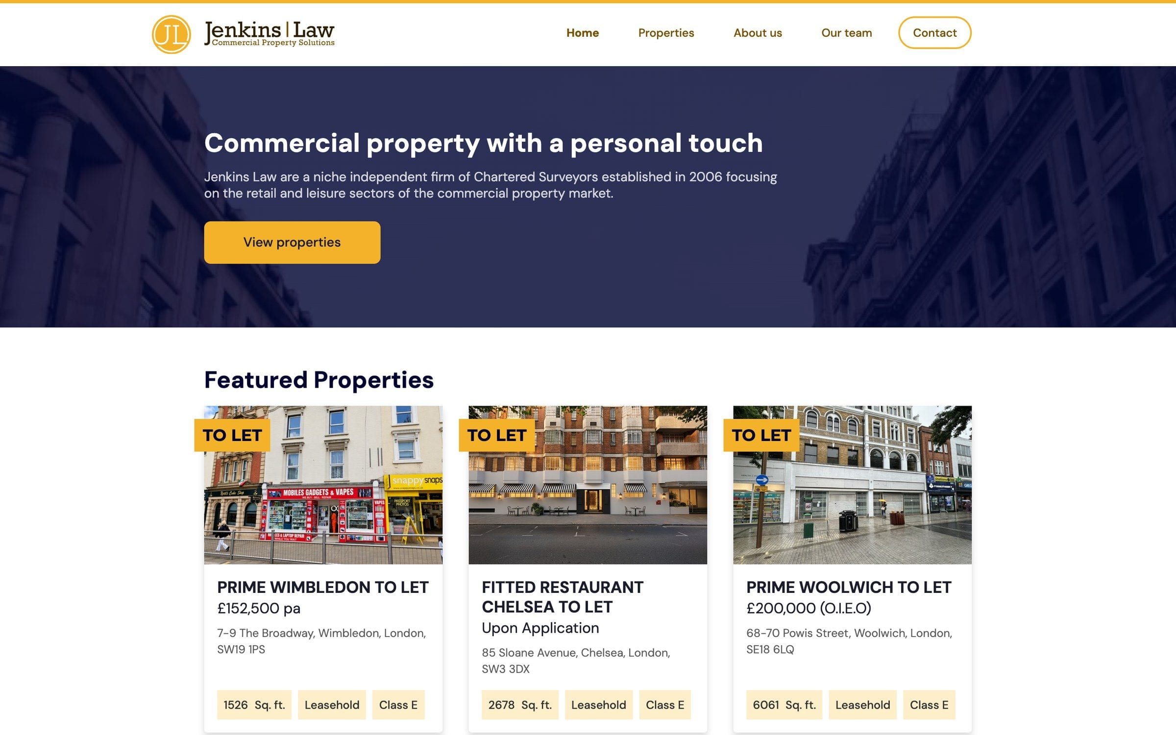 The Jenkins Law website home page, with featured units to let