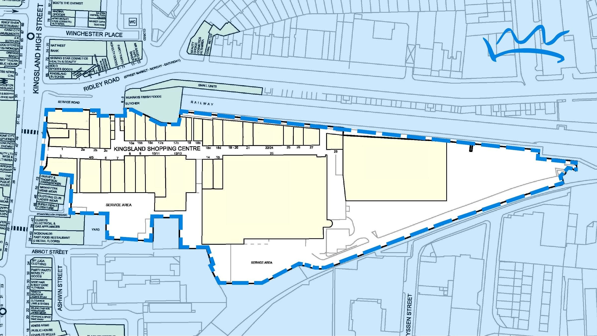 The site plan of Kingsland Shopping Centre