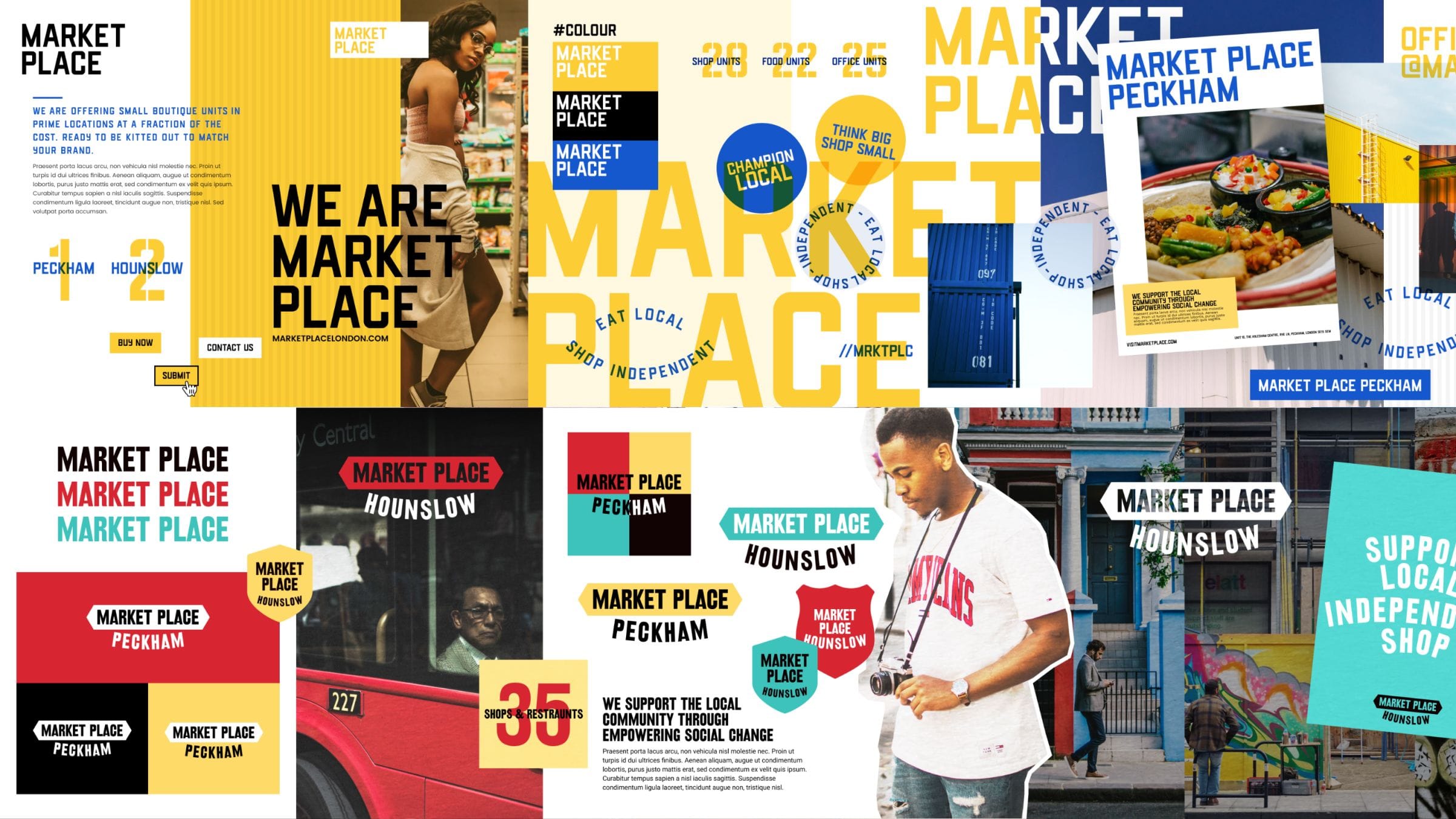 Early Market Place brand discovery: posters, social posts and logo ideas for Peckham and Hounslow