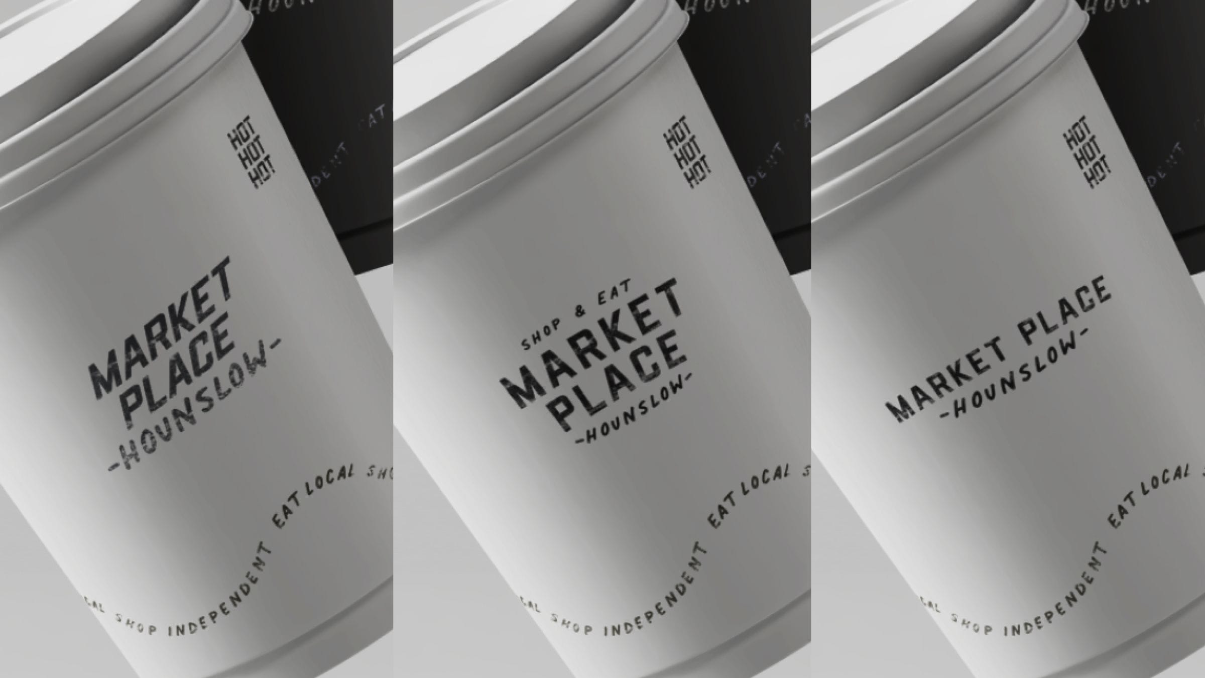 Market Place Hounslow cups, with the logo and its ring of words