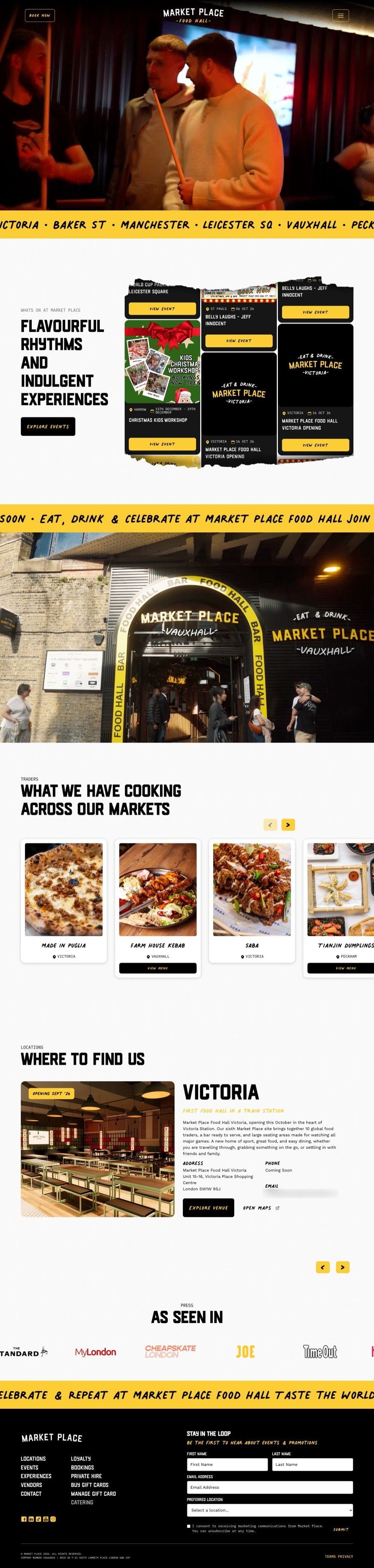 The Market Place Food Hall website, scrolling through events, traders and locations