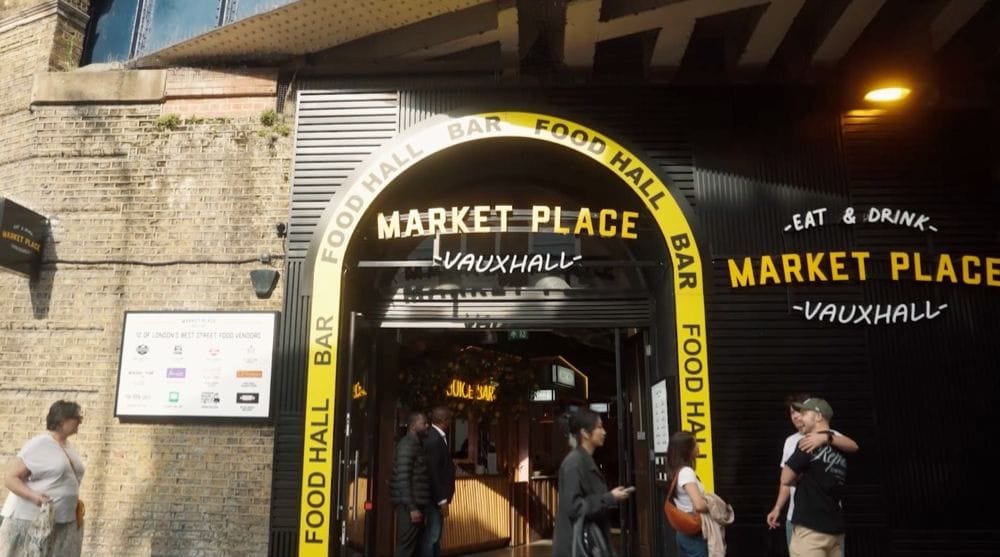 The Market Place logo over the entrance of the Vauxhall food hall