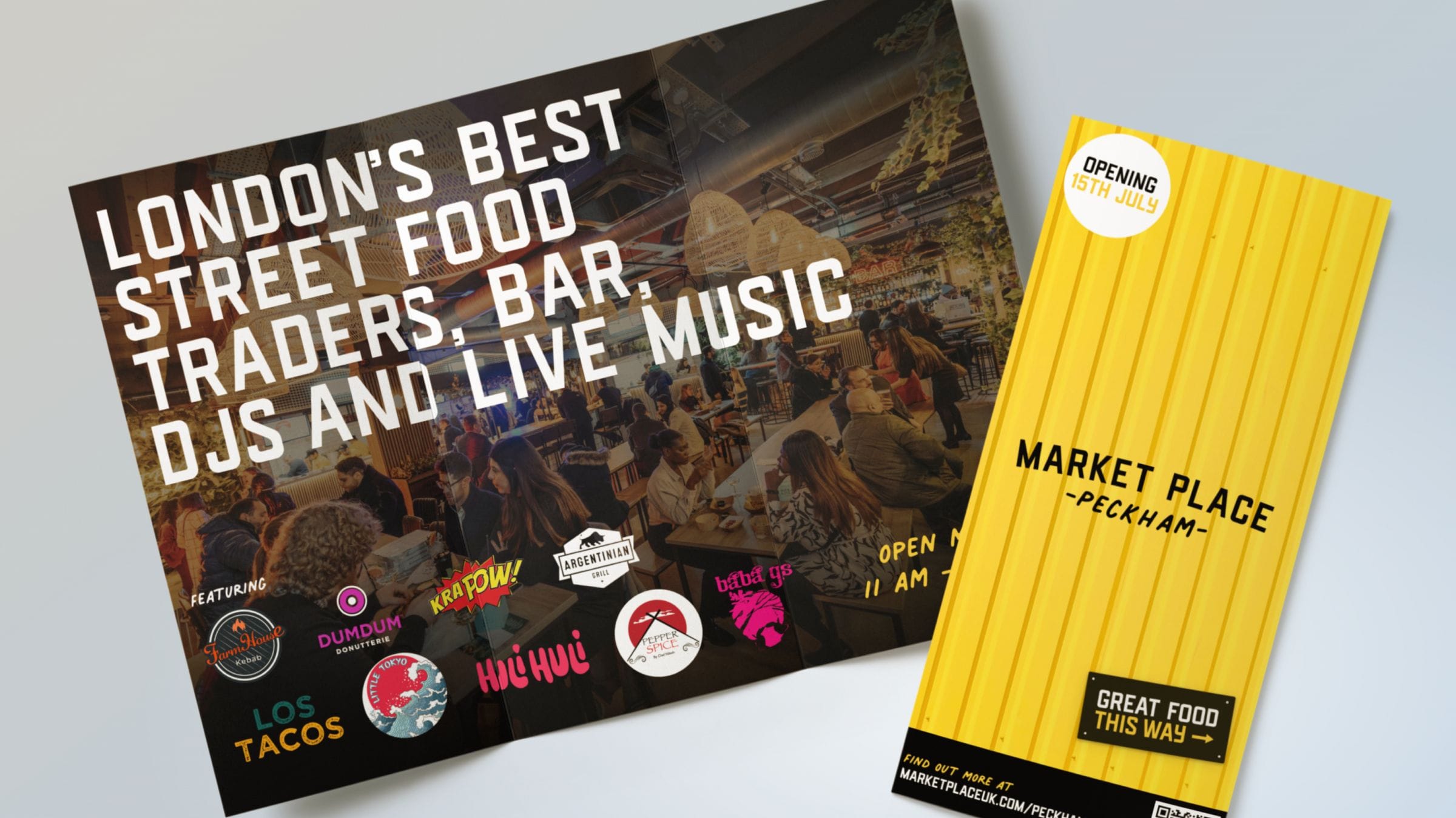 Opening flyers for Market Place Peckham: London’s best street food traders, bar, DJs and live music