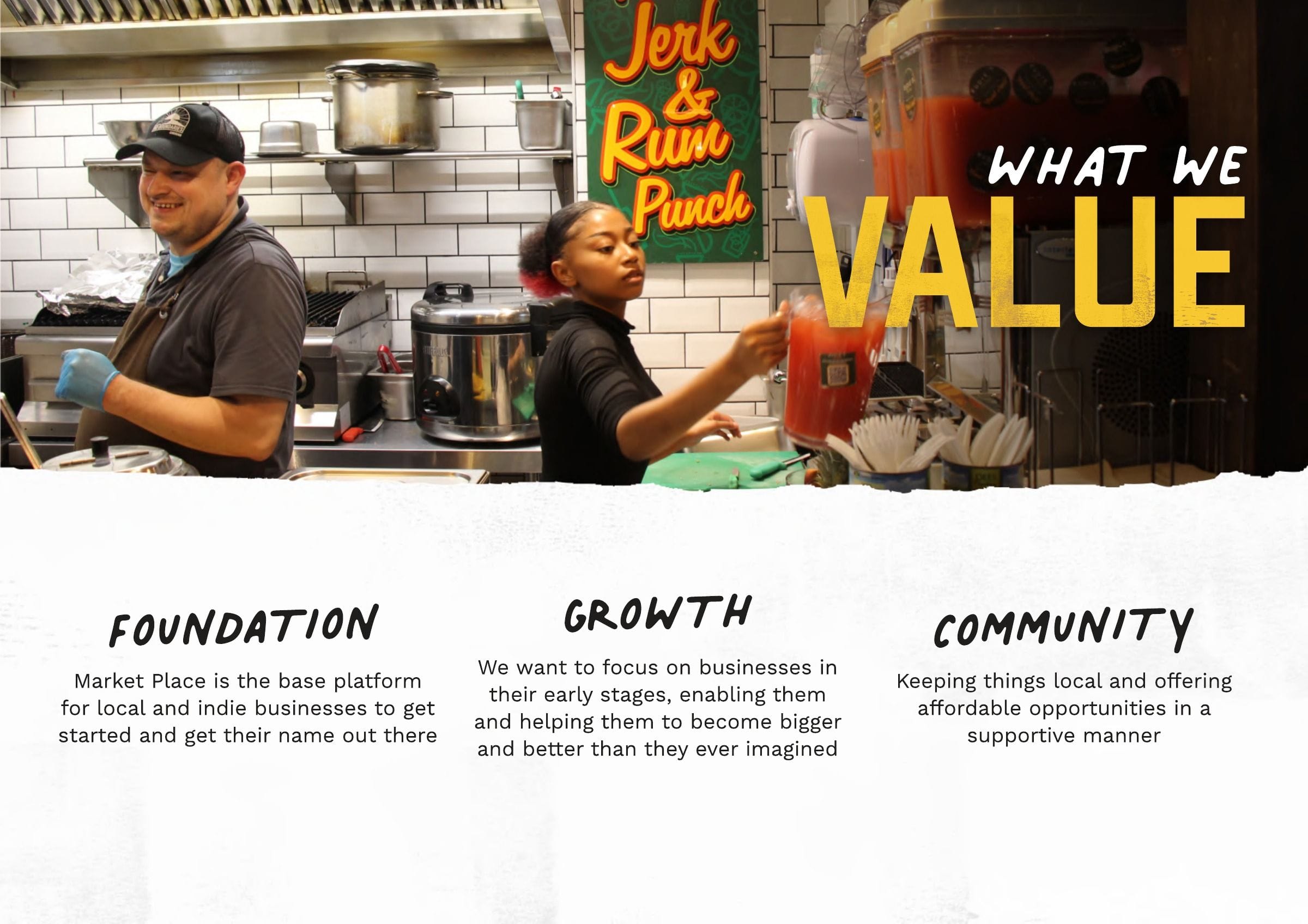 What we value: foundation, growth and community, over a photograph of a trader’s kitchen