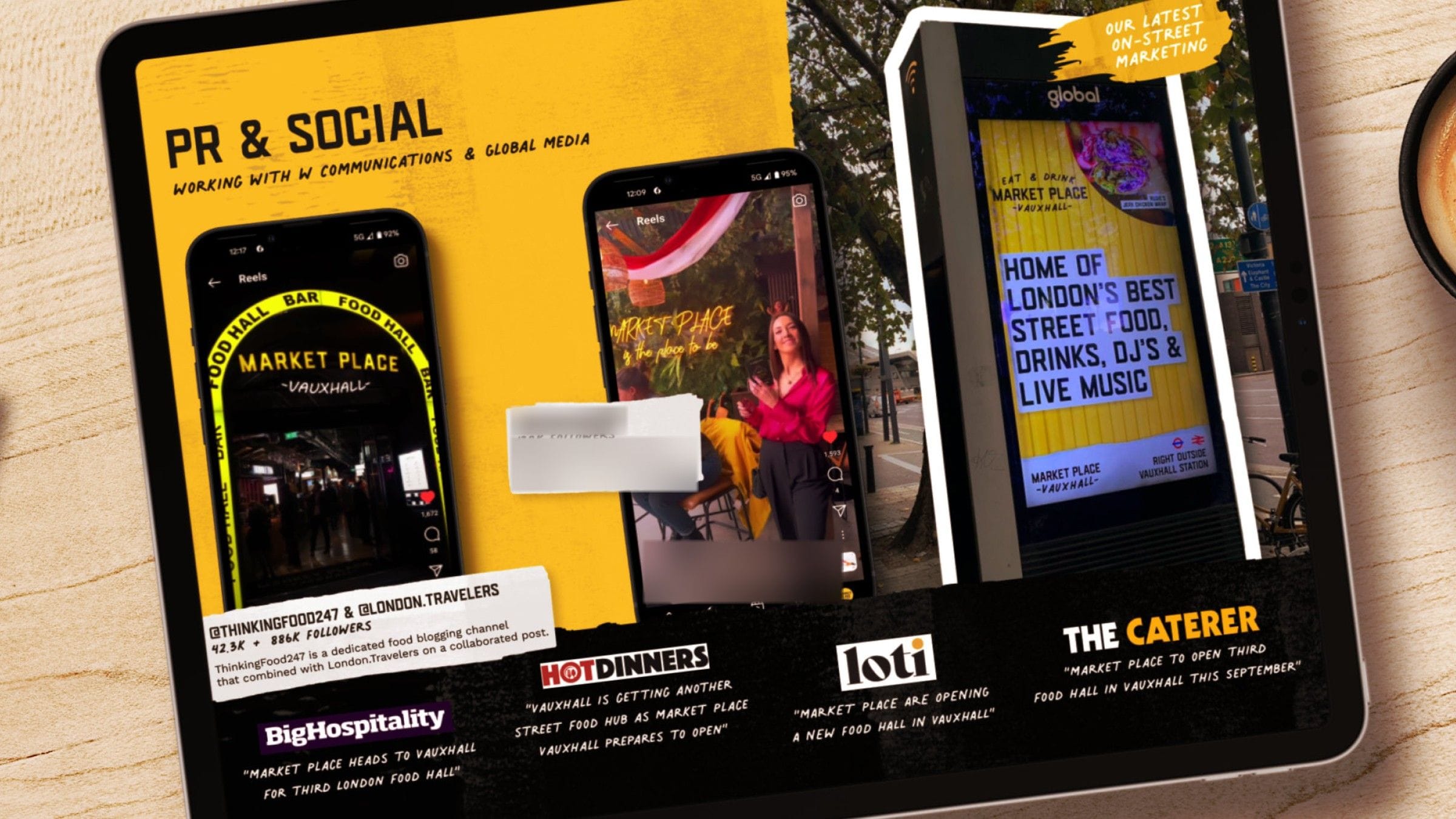 The landlord pack’s PR and social page on a tablet: press coverage and Instagram posts about Market Place