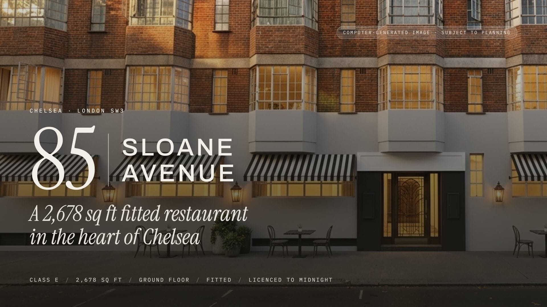 Cover of the 85 Sloane Avenue letting brochure, with a CGI of the restaurant
