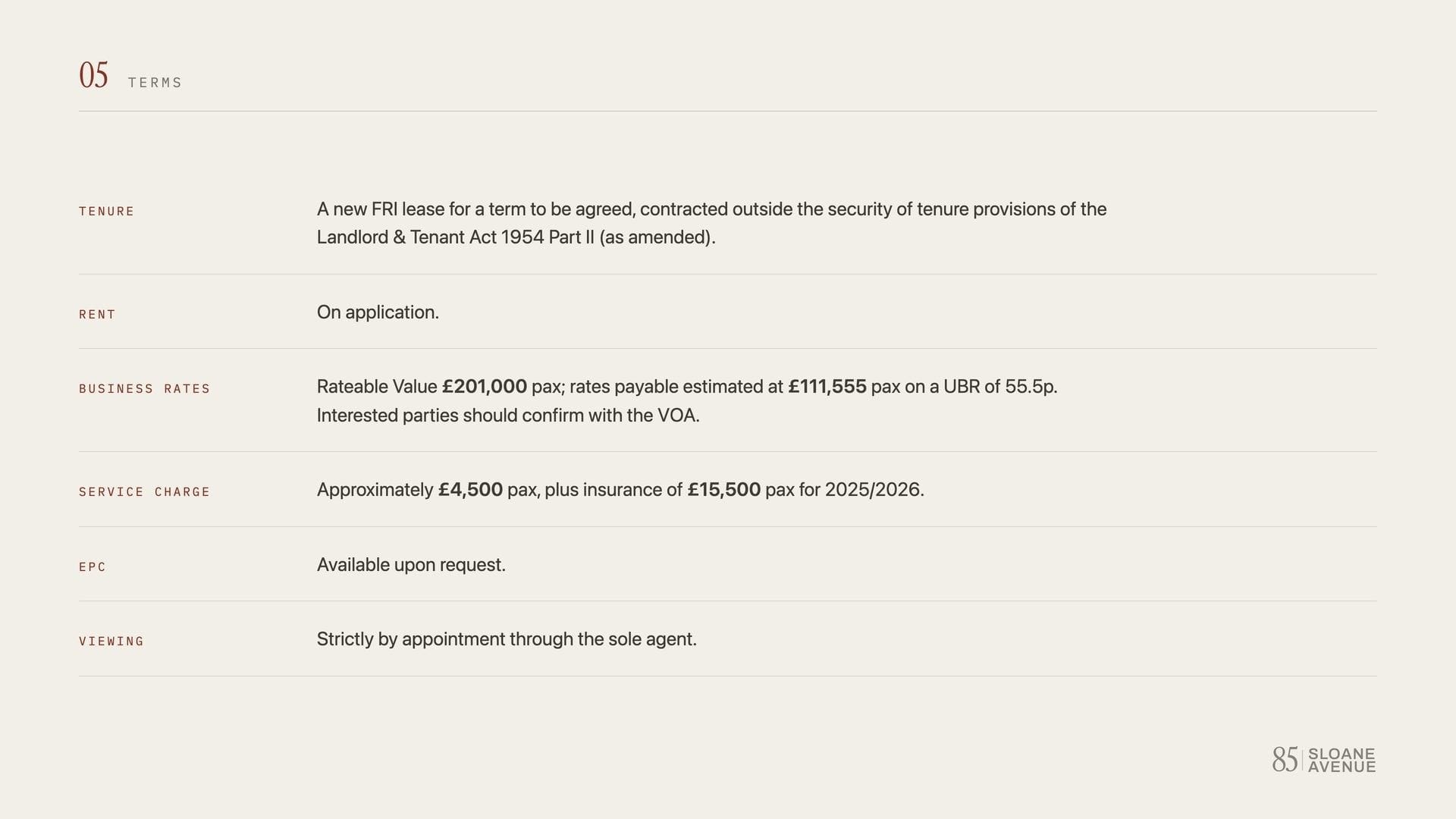 The terms for 85 Sloane Avenue